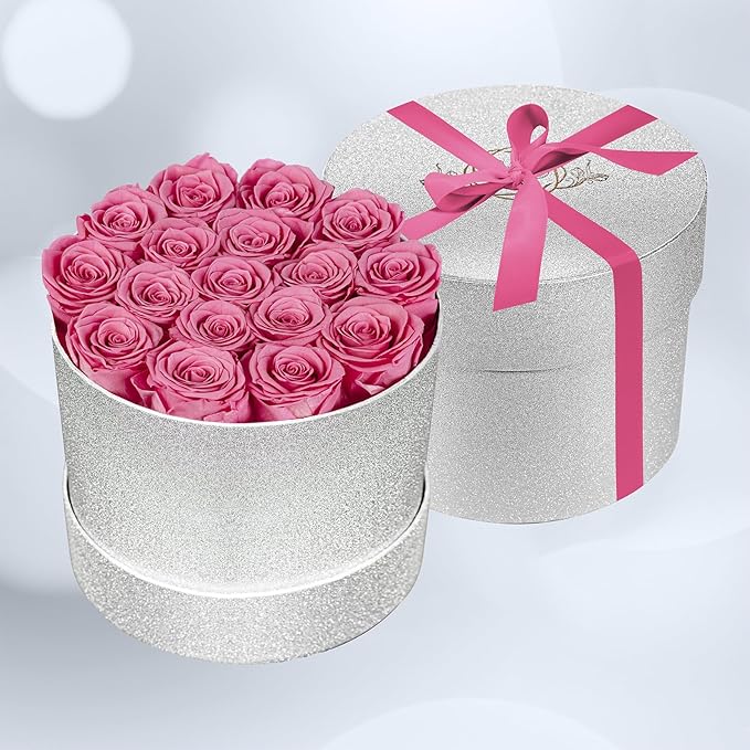 17 Pink Flowers in Glitter Box, Birthday Gifts for Women, Preserved Flowers, Mothers Day Roses Gift for Mom
