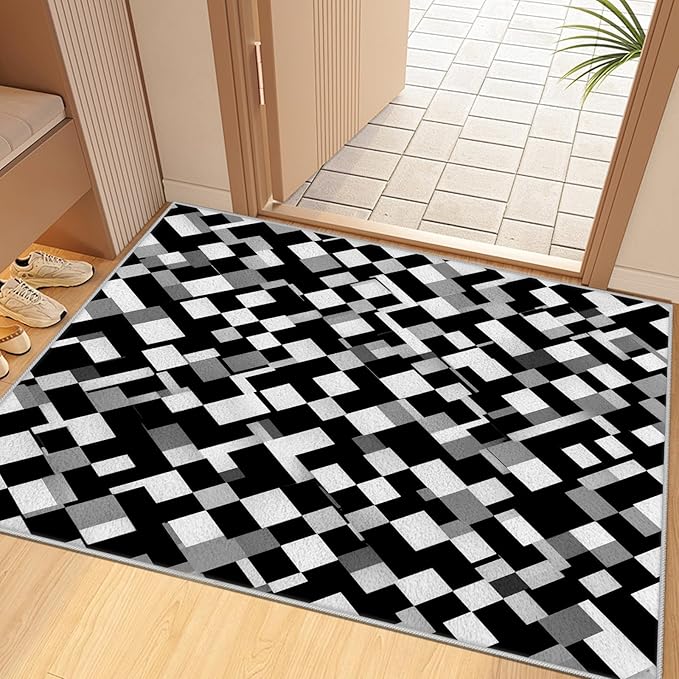 Black White and Grey Rug - Geometric Area Rug, Area Rugs 6x8, Modern Abstract Rugs, Irregular Block Splicing Carpet Washable Non Slip Home Decor Carpet for Living Room