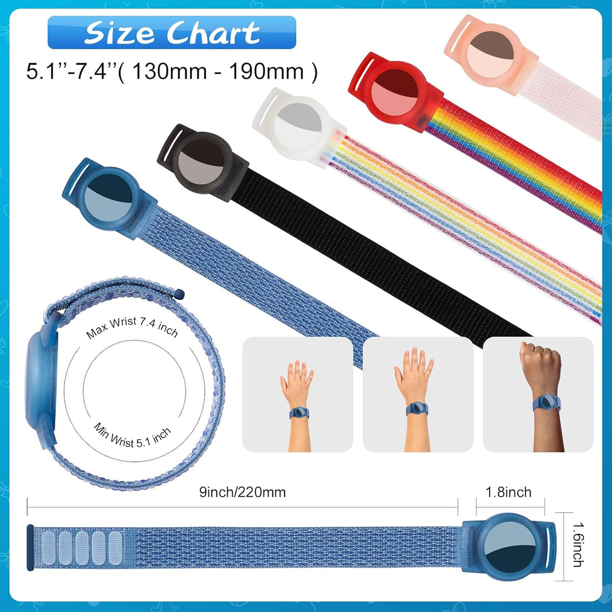 Ztobny 1 2) 4 Pack, (Black/Blue/2 Waterproof Bracelet for Airtag (Gen & Kids Soft Nylon Hidden Air Tag Wristband Full