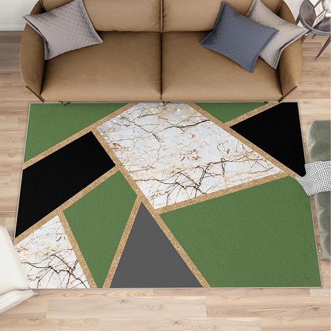 Jadeite Marble Area Rugs 3D Black Gold Marble Rug Light Luxury Geometric Line Carpet Mid-Century Simple Rug Stone Cracks Rugs for Living Room Bedroom 4x5ft