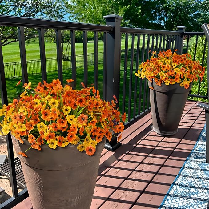 Artificial Fake Plants Flowers for Outdoor Outside Fall Decoration,12 Bundles Faux Silk Daisy in Planter UV Resistant Look Real for Home Front Door Porch Patio Garden Balcony Autumn Decor