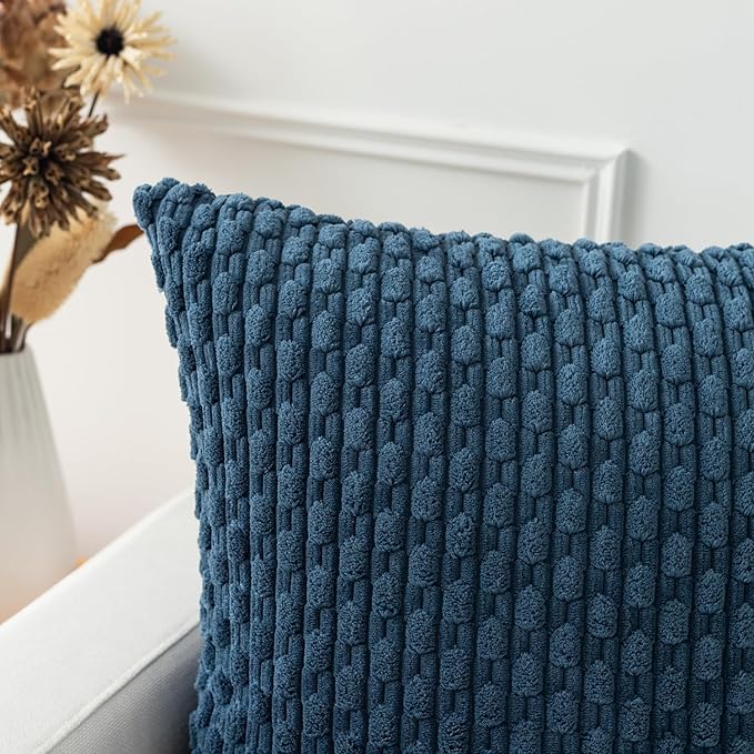 Kevin Textile Pack of 2 Corduroy Decorative Throw Pillow Covers 12x20 Inch Soft Boho Striped Pillow Covers Modern Farmhouse Home Decor for Autumn Sofa Living Room Couch Bed Blue