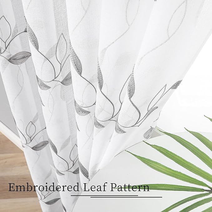 Tollpiz Grey Leaf Sheer Curtains Leaves Embroidered Living Room Short Curtain Rod Pocket Voile Window Treatments for Bedroom, 54 x 45 inches Long, Set of 2 Panels