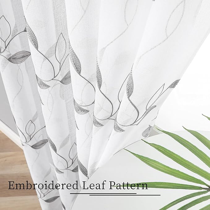 Tollpiz Grey Leaf Sheer Tier Curtain Leaves Embroidered Kitchen Curtains Rod Pocket Voile Bathroom Window Treatment for Cafe, 30 x 36 inches Long, Set of 2 Panels