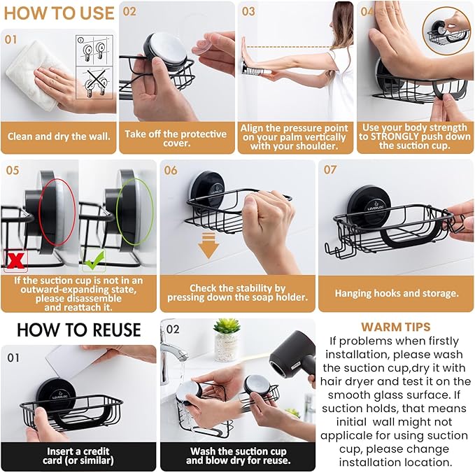 LEVERLOC Soap Holder Dish with Hooks for Shower, Bar Suction Cup Soap Tray Wall Mounted, Rustproof Stainless Steel Sponge Holder Caddy for Bathroom Bathtub Kitchen Sink, Black