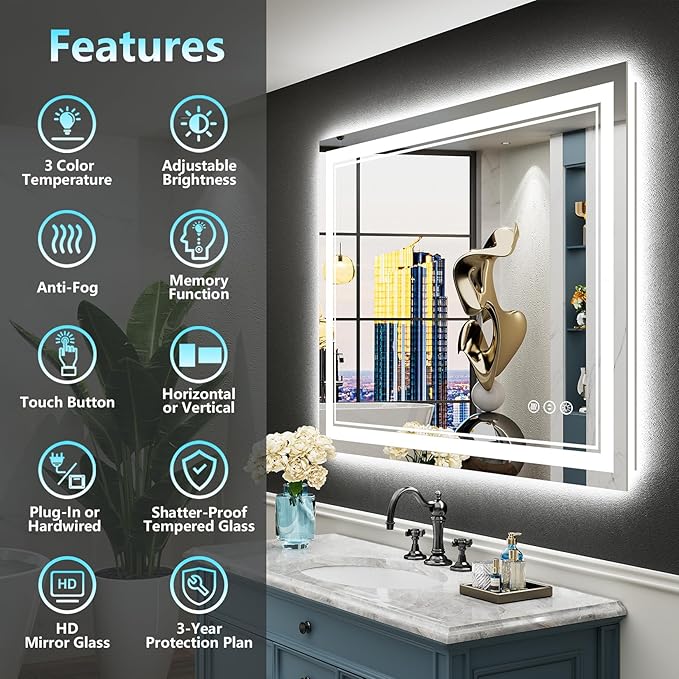 40x28 LED Bathroom Mirror with Lights, Backlit + Front Lit, Anti-Fog Lighted Vanity Mirror for Bathroom Wall, 3 Colors, Dimmable, Memory, HD Tempered Glass, Shatter-Proof, Horizontal/Vertical