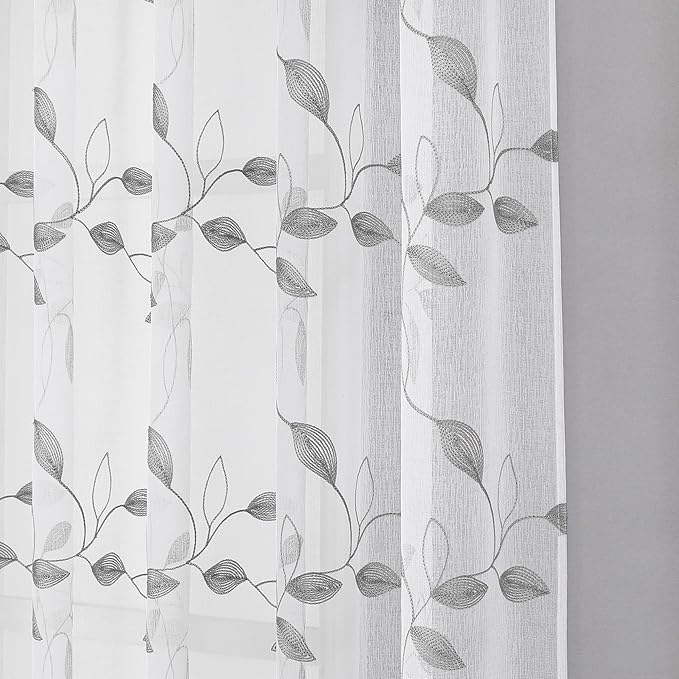 Tollpiz Grey Leaf Sheer Curtain Leaves Embroidered Bedroom Curtains Rod Pocket Voile Window Treatment for Living Room, 54 x 95 inches Long, Set of 2 Panels