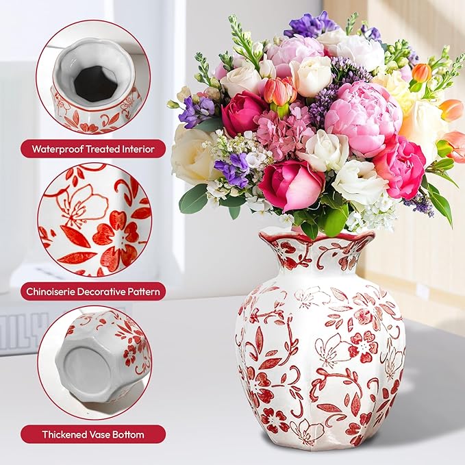 Chinoiserie Vase,6 inch Red and White Vase,Vintage Ceramic Vases,Flower Vase for Centerpiece,Chinese Cute Vases for Living Room, Office,Home Decor (Red White, Small)