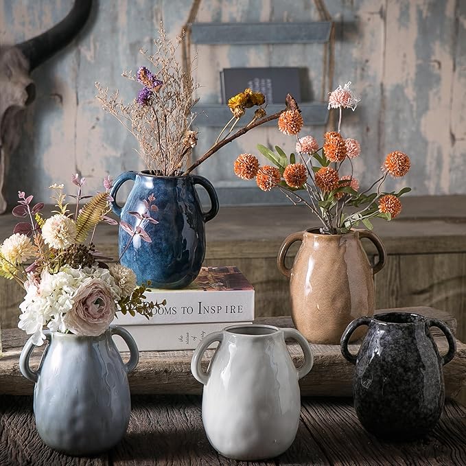 Black Ceramic Vase with 2 Handles, Modern Farmhouse Decor, Rustic Terracotta Pottery, Decorative Flower Vases, Clay Small Vase, Centerpiece for Dining Table - 7 Inch Tall