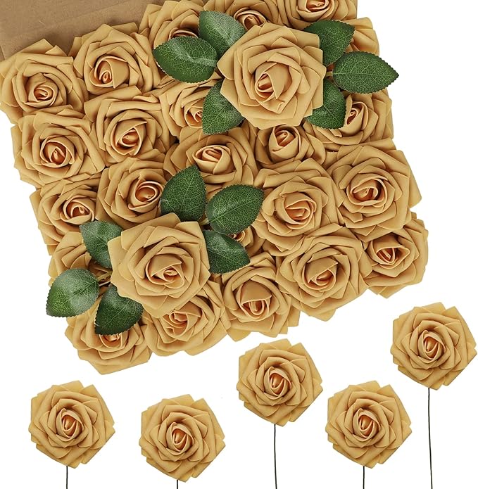 N&T NIETING Artificial Flowers 50pcs Real Looking Gold Yellow Foam Fake Roses with Stems for DIY Wedding Bouquets White Bridal Shower Centerpieces Arrangements Party Tables Decorations