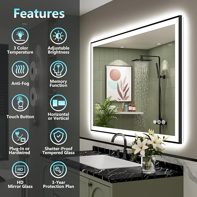 48x32 Black Framed LED Bathroom Mirror with Lights, Backlit and Front Lit Anti-Fog Lighted Vanity Mirror for Bathroom Wall, 3 Colors, Dimmable, Memory, Shatter-Proof, HD Tempered Glass