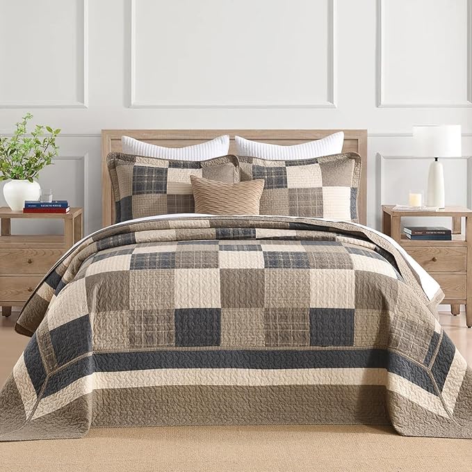 Finlonte 120"x120" Oversized King Bedspread - 100% Cotton Lightweight Quilted Bedspreads Coverlet Set, Farmhouse Plaid Bedding Reversible Oversized King Quilt with 2 Pillow Shams, Brown/Beige/Cream