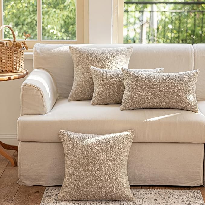 GEEORY Decorative Throw Pillow Covers 22x22 Inch Pack of 2,Textured Boucle Neutral Cushion Cases for Bed Couch Sofa, Accent Modern Farmhouse & Minimalist Home Decor (Oatmeal Beige) GE03-22