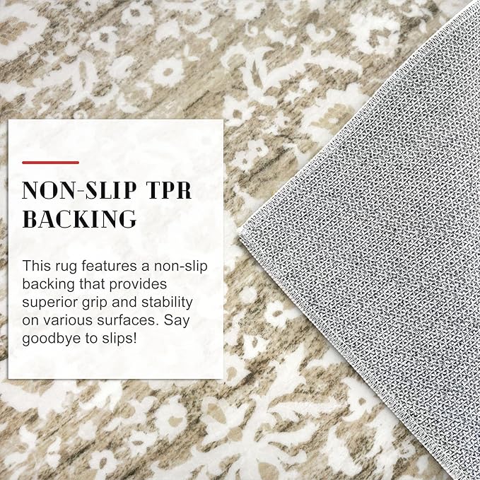 Runner Rug 2.6x10, Beige Tan White Washable Long Hallway Rug Runner Non-Slip Soft Kitchen Runner Thin Printed Faux Wool Super Soft Carpet for Entryway Bedroom Laundry Room Indoor Home Decor