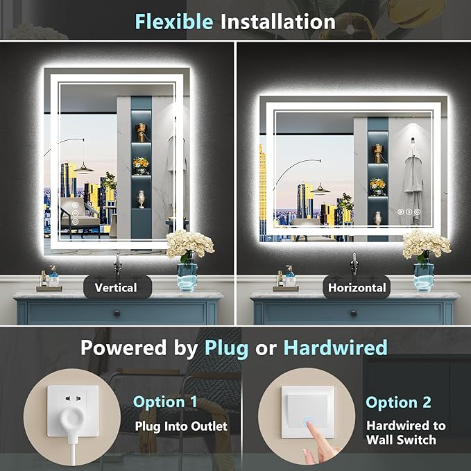 24x32 LED Bathroom Mirror with Lights, Backlit and Front Lit, Anti-Fog Lighted Vanity Mirrors for Bathroom Wall, Dimmable, 3-Color Light, Memory, Shatter-Proof, HD Tempered Glass, CRI＞90