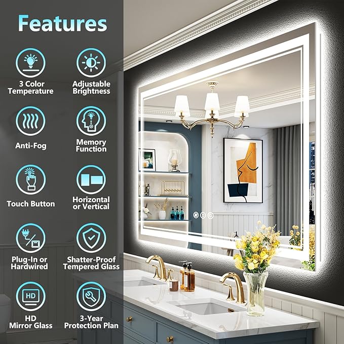 50x36 Inch LED Bathroom Mirror with Lights, Backlit & Front Lit, Anti-Fog Lighted Vanity Mirrors for Bathroom Wall, Dimmable, 3-Color Light, Memory, Shatter-Proof, HD Tempered Glass, CRI ＞90