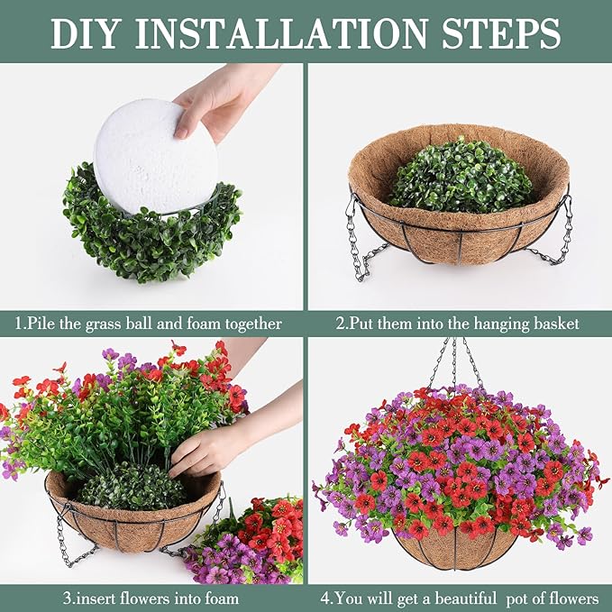 Artificial Flowers Hanging Plants in Basket,Artificial Hanging Flowers for Outdoor Indoor Decor,UV Resistant Hanging Baskets with Fake Flowers for Patio Garden Porch Deck Decoration