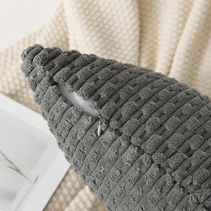 Kevin Textile Corduroy Striped Soft Soild Decorative Square Throw Pillow Covers Set Cushion Cases Pillowcases for Sofa Bedroom 2 Pcs 24x24 Inch Dark Grey