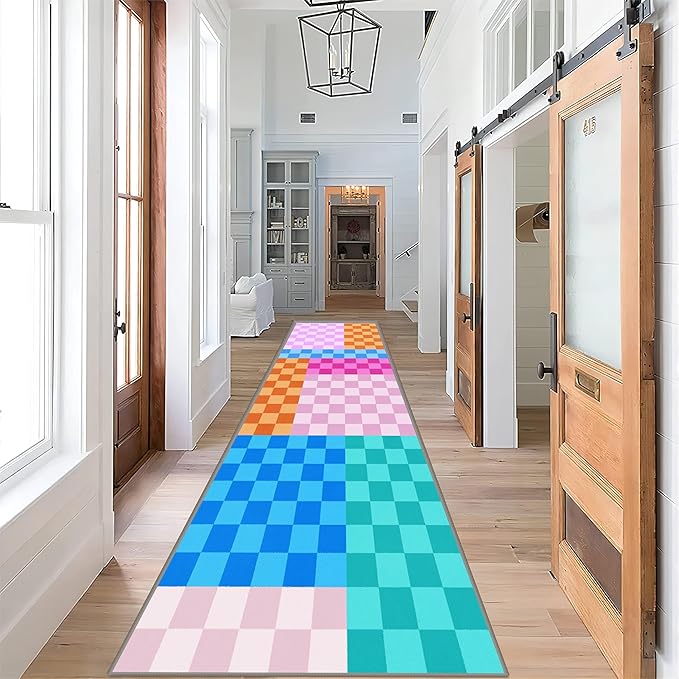 Multicolored Checkerboard Grid Runner for Entryway, 2x10ft, Boho Colorful Checkered Pattern Kids Playing Mat, Cozy Soft Absorbent Reduce Noise Rugs, Durable Washable Carpet for Family