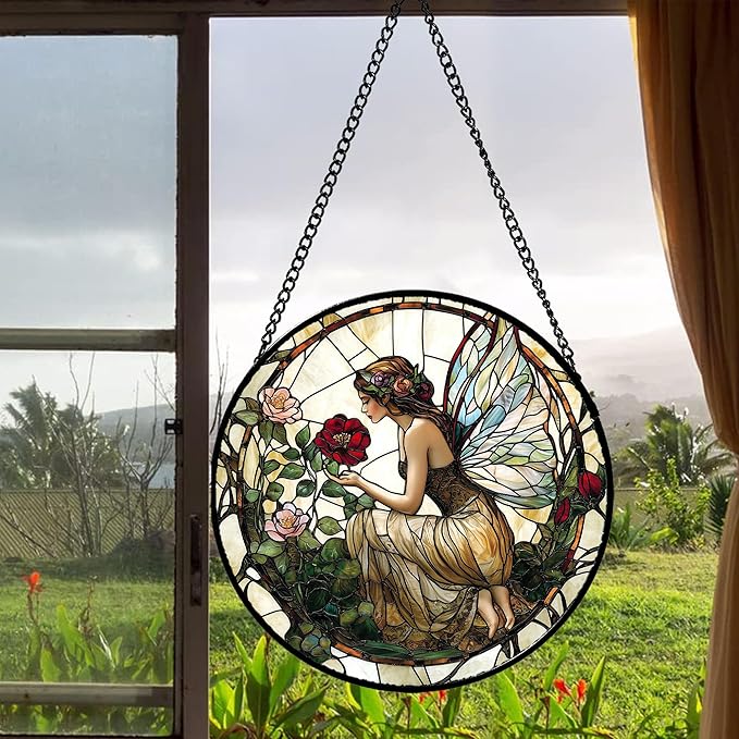 Stained Glass Window Hanging - Butterfly Flower Fairy Suncatcher for Door Terrace Garden Home Decor Yellow Green Plants Sun Catcher Birthday Gifts for Lovers Women Men Dad Mom Nana 6.3 in