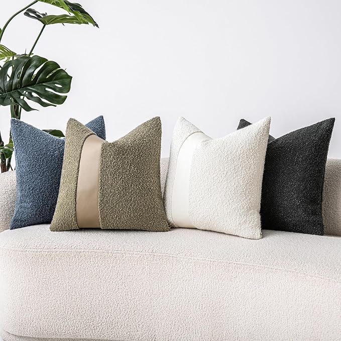 18"x18" White Boucle Throw Pillow Covers with Faux Leather Accents Set of 2 Fluffy Textured Decorative Pillow Cases for Couch Bed Boho Farmhouse Square Cushion Covers for Nordic Home Décor