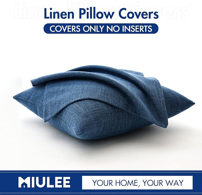 MIULEE Pack of 2 Decorative Linen Burlap Coastal Pillow Covers Farmhouse Boho Accent Pillowcases for Sofa Car Couch Bedroom Living Room Decor 22x22 Inch Blue