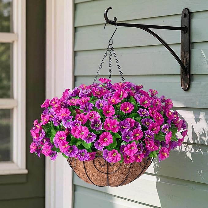 Artificial Hanging Flowers with Basket, Faux Silk Petunias Flower Arrangement, Coconut Lining with Morning Glories Fake Plants Patio Garden Porch Deck Spring Summer Decor(Lotus and Fuchsia)