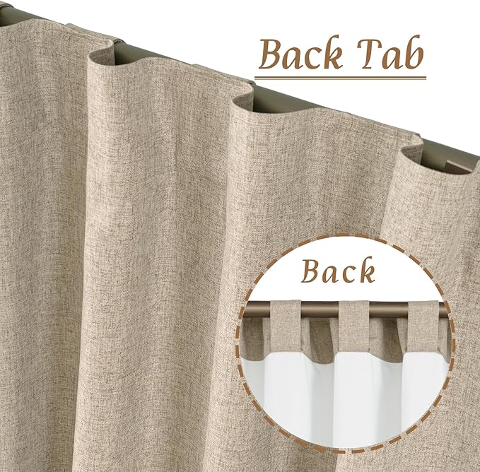 LAMIT 100% Blackout Natural Linen Curtains, 72 Inches Linen Textured Thermal Bedroom Curtains Back Tab and Rod Pocket Neutral Panels with White Liner for Farmhouse, 2 Panels, 52 x 72 Inch, Taupe