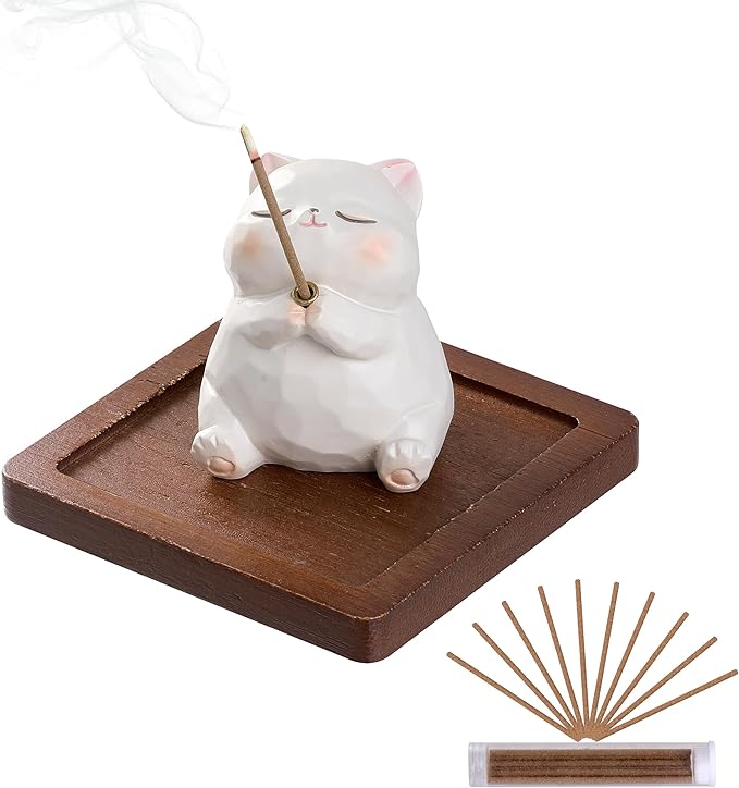 Lionpower Incense Holder for Sticks with Burner & Ash Catcher - Resin Cat, Wooden Tray, 10 Incense Sticks for Meditation Yoga Spa, Cute Home Decor Room Accessories (Cat)
