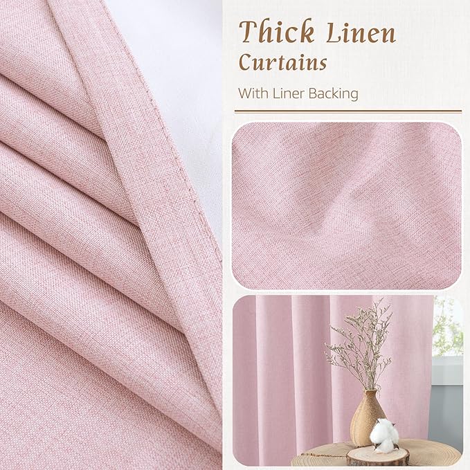 LAMIT 100% Blackout Linen Curtains 63 Inches Long, Linen Textured Living Room Farmhouse Curtains Full Room Darkening Back Tab and Rod Pocket Panels with White Liner, 2 Panels, Pink, 60 x 63 Inch
