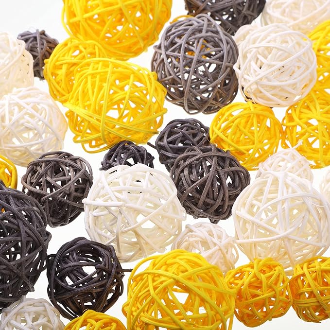 Patelai 36 Pcs Wicker Rattan Balls Decorative Balls for Vase Centerpiece Bowls Orbs Filler for Home Decor,4 Sizes(Yellow, Gray, White)