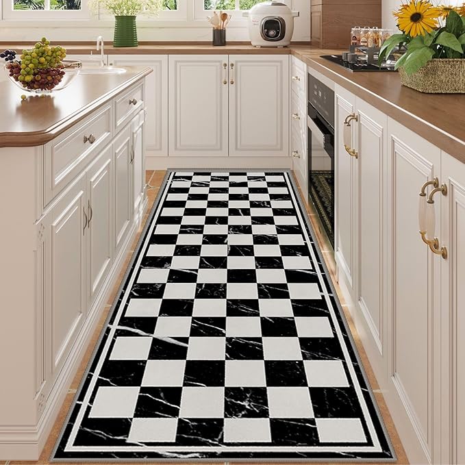 Grey Black Checkered Kitchen Hallway Carpet, 2x6ft, Abstract Black Marble Indoor Decor Washable Rugs, Durable Soft Cozy Non Slip Rug, Breathable Non Shedding Mats for Front Porch