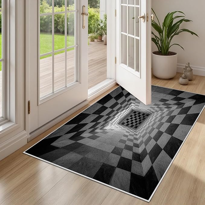 3D Rug 5x8, Plaid Soft Ultra Soft Faux Wool Low Pile Optical Illusion Rug, Indoor Floor Mats Abstract Geometric Carpet, Non-Slip Stain Resistant Washable Rugs, Modern Gray Rugs for Living Room