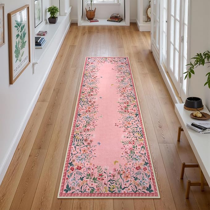 Lahome Boho Floral 2x6 Pink Bathroom Runner Rugs Non Slip Washable,Soft Runners for Hallways,Indoor Carpet Runner with Rubber Backing for Bedside Entryway Kitchen Laundry(Pink,2x6)