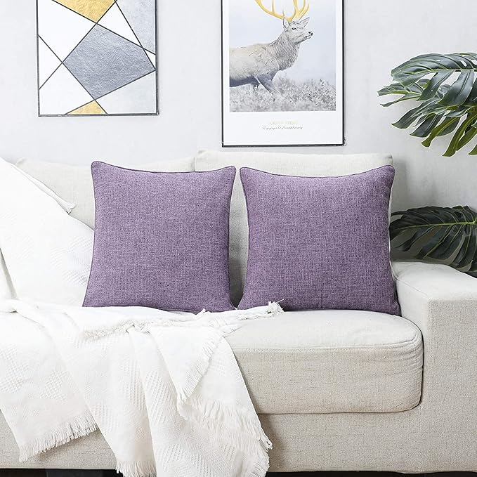 HPUK Linen Throw Pillow Covers Pack of 2, 20x20 Inch Accent Cushion Covers for Living Room, Bedroom, Decorative Solid Color Pillow Covers for Couch, Sofa, Chair, Lavender Mist