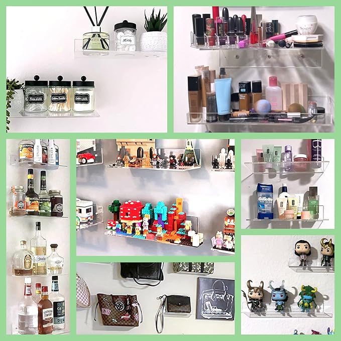 FEMELI 2 PCS 12" Acrylic Floating Shelves, Clear Shelf for Display, Plant, Perfume, Book in Bedroom Living Room Office, 5mm Thick Wall-Mounted Acrylic Shelves for Wall