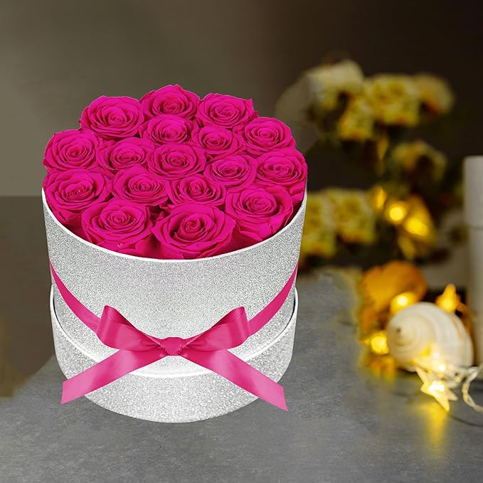 17 Hot Pink Flowers in Glitter Box, Birthday Gifts for Women, Preserved Flowers, Mothers Day Roses Gift for Mom