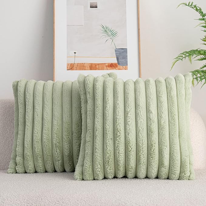 DEELAND Pack of 2,Double-Sided Faux Fur Plush Decorative Throw Pillow Covers Fuzzy Striped Soft Pillowcase Cushion Covers for Sofa Couch Bedroom Green 22x22 inch