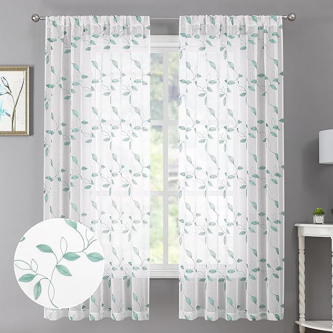 Tollpiz Teal Blue Leaf Sheer Curtains Leaves Embroidered Living Room Curtain Rod Pocket Voile Window Treatments for Bedroom, 54 x 63 inches Long, Set of 2 Panels