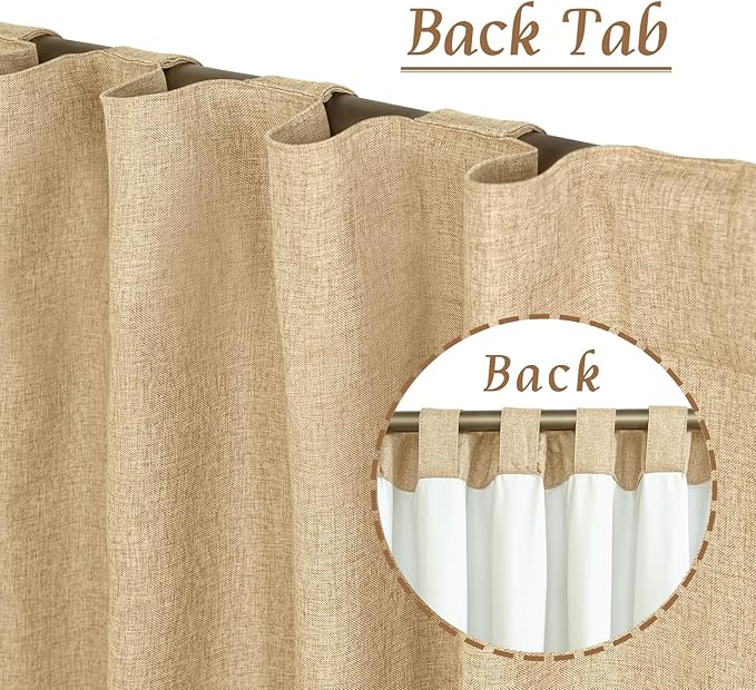 LAMIT Natural 100% Blackout Linen Curtains, 54 Inches Linen Textured Thermal Bedroom Curtains Back Tab and Rod Pocket Neutral Panels with White Liner for Farmhouse, 2 Panels, 42 x 54 Inch, Burlap