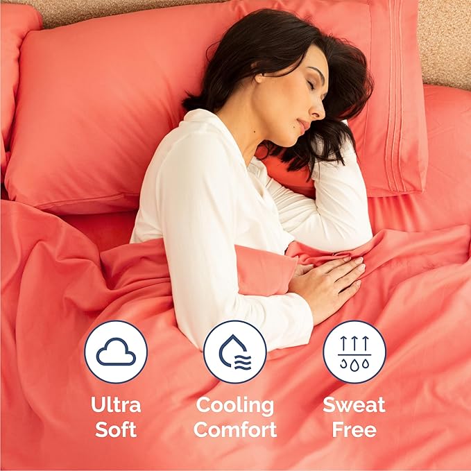 Queen Size 4 Piece Sheet Set - Comfy Breathable & Cooling Bed Sheets Set - Hotel Luxury Bedding for Women, Men, Kids, Teens, Boys & Girls - Deep Pockets, Ultra-Soft, Wrinkle Free - Oeko-Tex - Coral