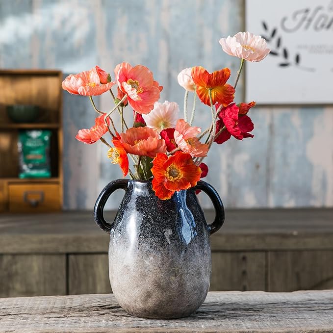 Blue Gradient Ceramic Vase with 2 Handles, Modern Farmhouse Decor, Rustic Terracotta Pottery, Decorative Clay Flower Vase, Centerpiece for Dining Table - 7 Inch