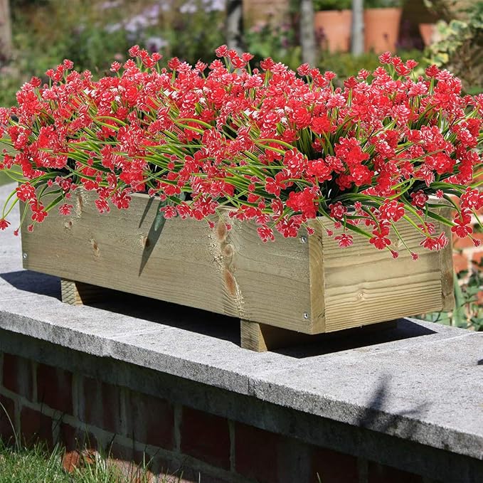 Artificial Flowers, 20 Bundles Outdoor Fake Flowers for Decoration UV Resistant Faux Plastic Plants Garden Porch Window Box Décor(Red)