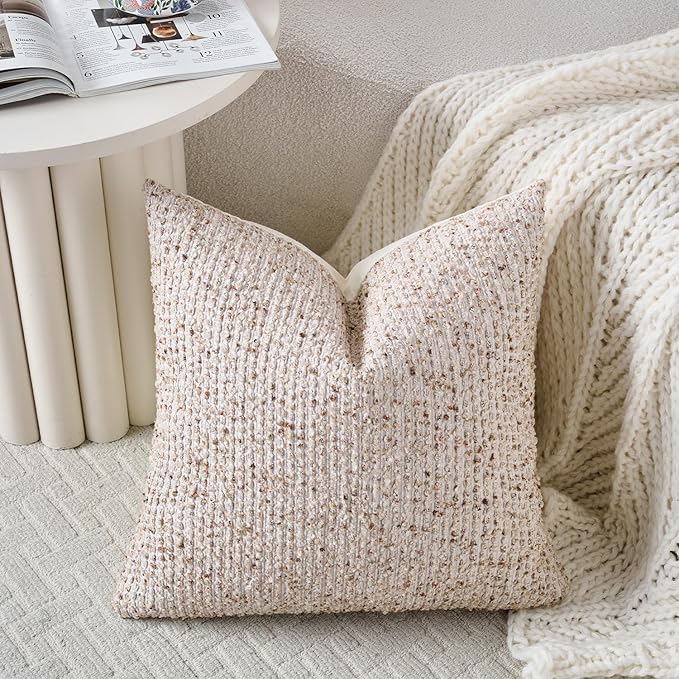 18x18 Beige Throw Pillow Cover Textured Boucle Striped Chic Morden Boho Accent Farmhouse Square Decorative Couch Pillow Cover for Home Decor Bed Sofa Living Room