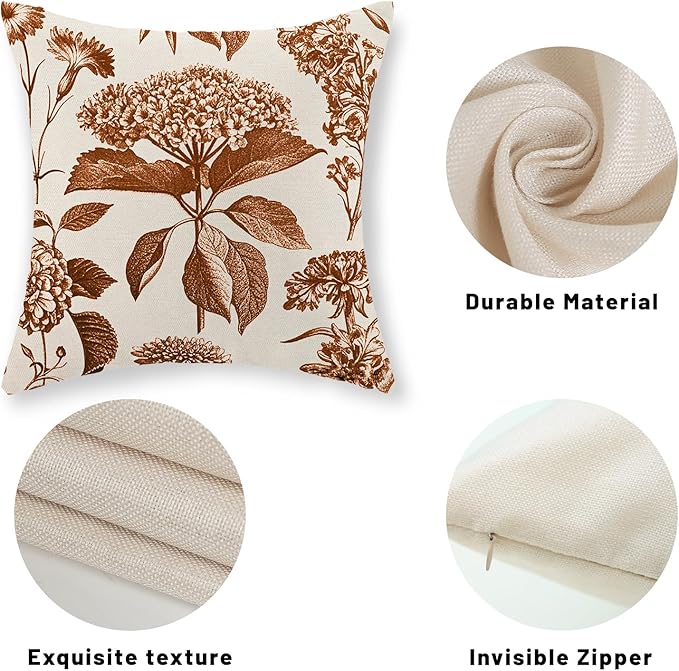 Orange Pillow Covers 18x18 Set of 2 Vintage Boho Floral Hydrangea Herbs Botanical Fall Throw Pillows Fall Outdoor Decoration Pillowcase Linen Farmhouse Cushion Case Decorative for Couch Sofa