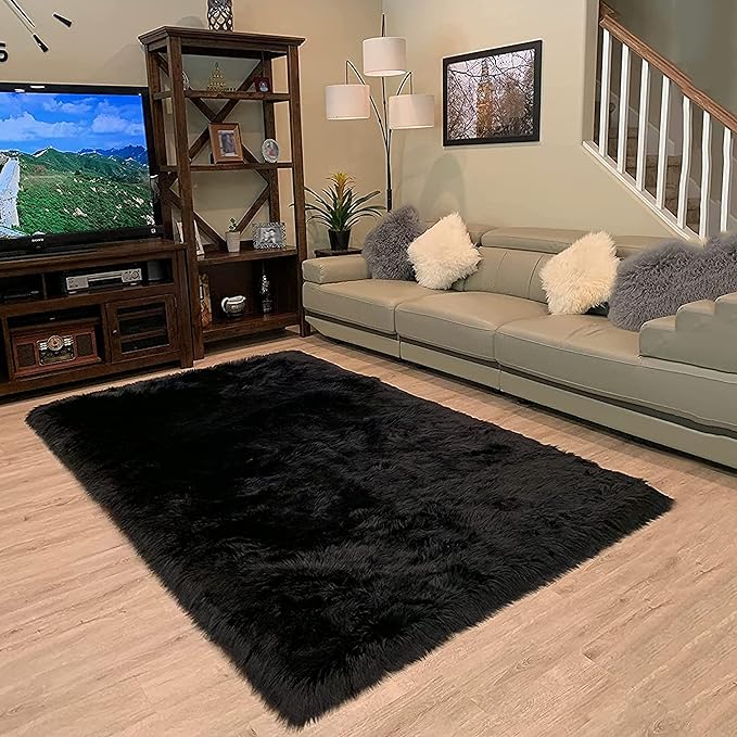 LAMBZY High Pile Super Fluffy Soft Faux Sheepskin Rug | Faux Sheepskin Rugs for Living Room Playroom Bedroom | Classic Super Soft to Touch Rug (8'x11', Black)