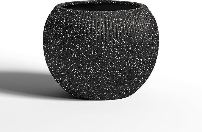 DTY Signature Mount Sherman Modern Indoor Outdoor Fiberstone Sphere Planter, Durable Round Garden Pot, Weather Resistant, Drainage Hole & Rubber Plug (Ribbed Black, Medium)