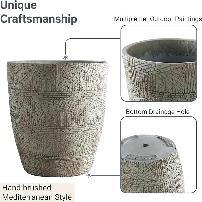 Wallowa 17.7"+13.8"+9.8" Dia Round Concrete Planter Set of 3, Large Indoor Outdoor Planter, Flower Pots with Drainage Holes and Sealing Plug for Garden, Patio, Home, Office Weathered Concrete Gray