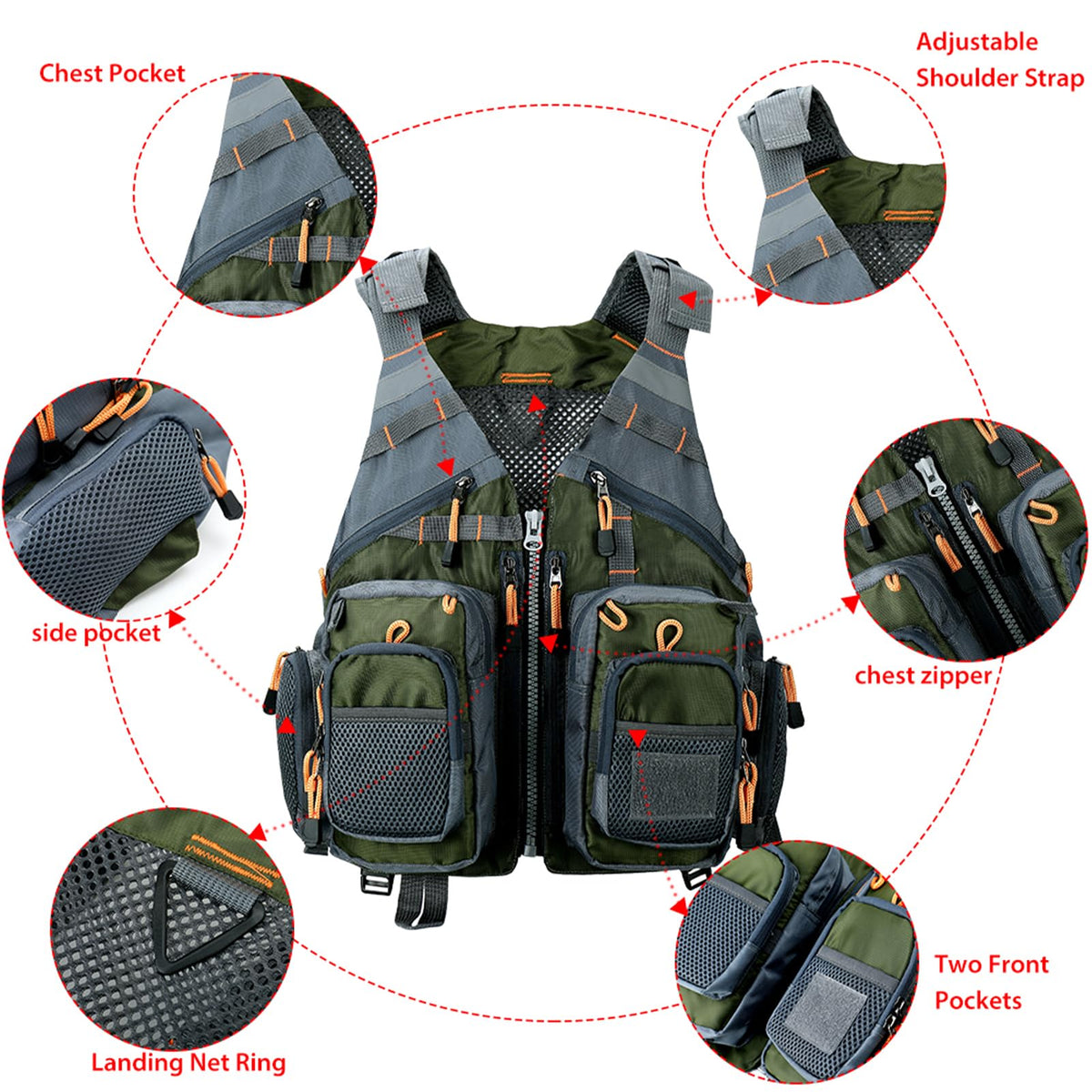 Obcursco Fly Fishing Vest Pack Adjustable for Men and Women with Breathable Mesh, Trout Fishing Gear, for Outdoors Stream Fishing (Army Green)