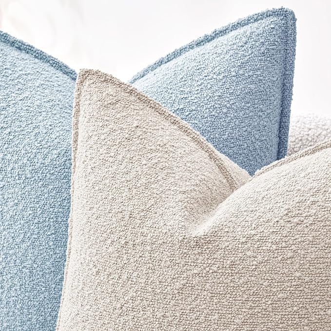MIULEE Pack of 2 Decorative Textured Boucle Throw Pillow Covers 18x18 Inch Light Blue Broadside Thick Coastal Boho Pillows for Farmhouse Accents Sofa Couch Bedroom Living Room Home Decor